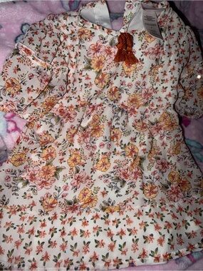 Little Lass Ivory Dress with Peach and Yellow Floral Print